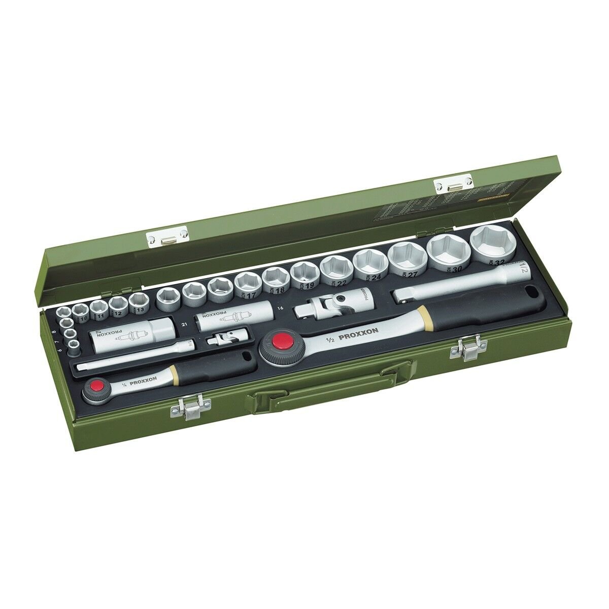 Proxxon 23020 1/4'' 1/2'' Cırcır Kollu Mafsallı 27 Parça Lokma Takımı