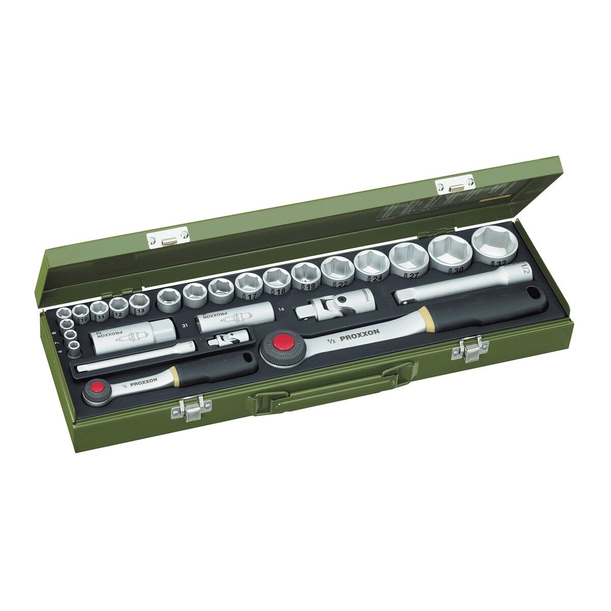 Proxxon 23020 1/4'' 1/2'' Cırcır Kollu Mafsallı 27 Parça Lokma Takımı