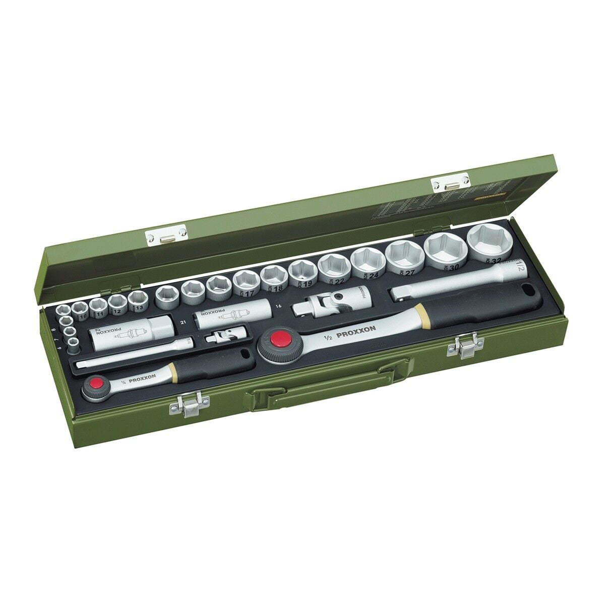 Proxxon 23020 1/4'' 1/2'' Cırcır Kollu Mafsallı 27 Parça Lokma Takımı
