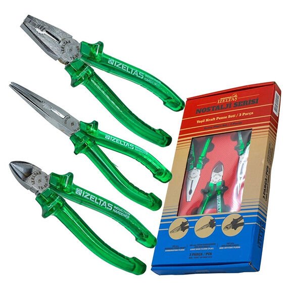 İzeltaş 13000005314 Nostalji Serisi Pense Seti 3 Parça Yeşil Kraft Pense Seti