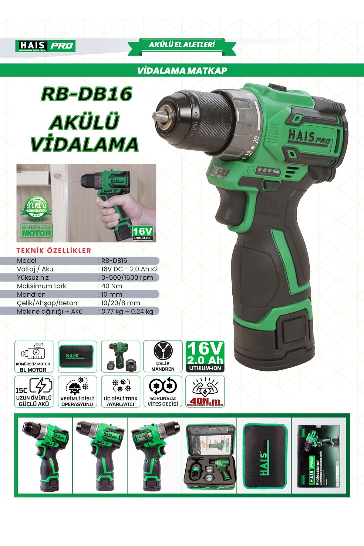 Haispro RB-DB16 Profesyonel Akülü Vidalama Matkap 16 V 2.0 Ah Çift Akü