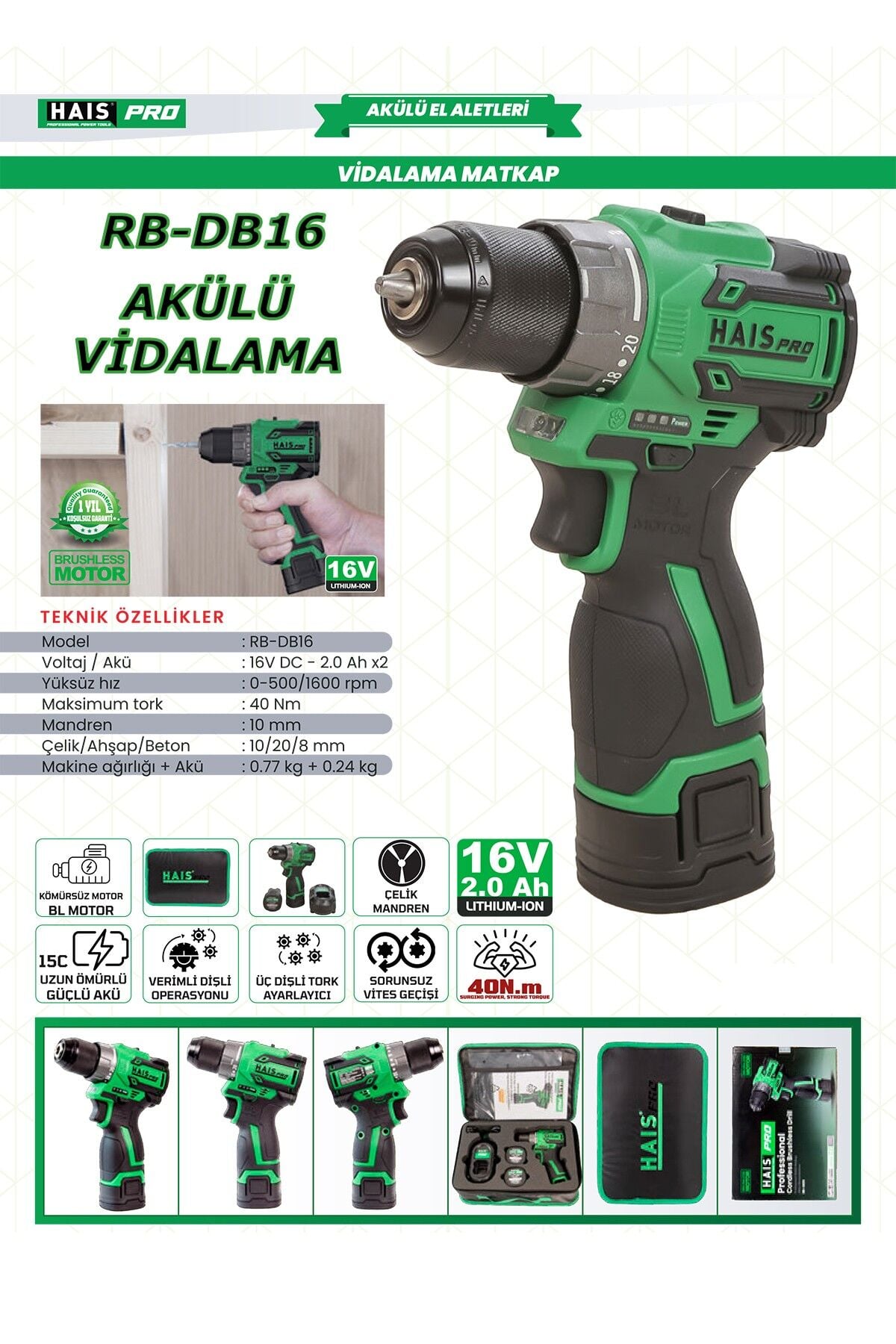 Haispro RB-DB16 Profesyonel Akülü Vidalama Matkap 16 V 2.0 Ah Çift Akü