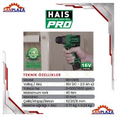 Haispro RB-DB16 Profesyonel Akülü Vidalama Matkap 16 V 2.0 Ah Çift Akü
