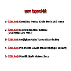İzeltaş 5'li Pro Set 5 Parça Kraft Pense 160mm Kontrol Kalemi Tornavida Maket Bıçağı Şerit Metre