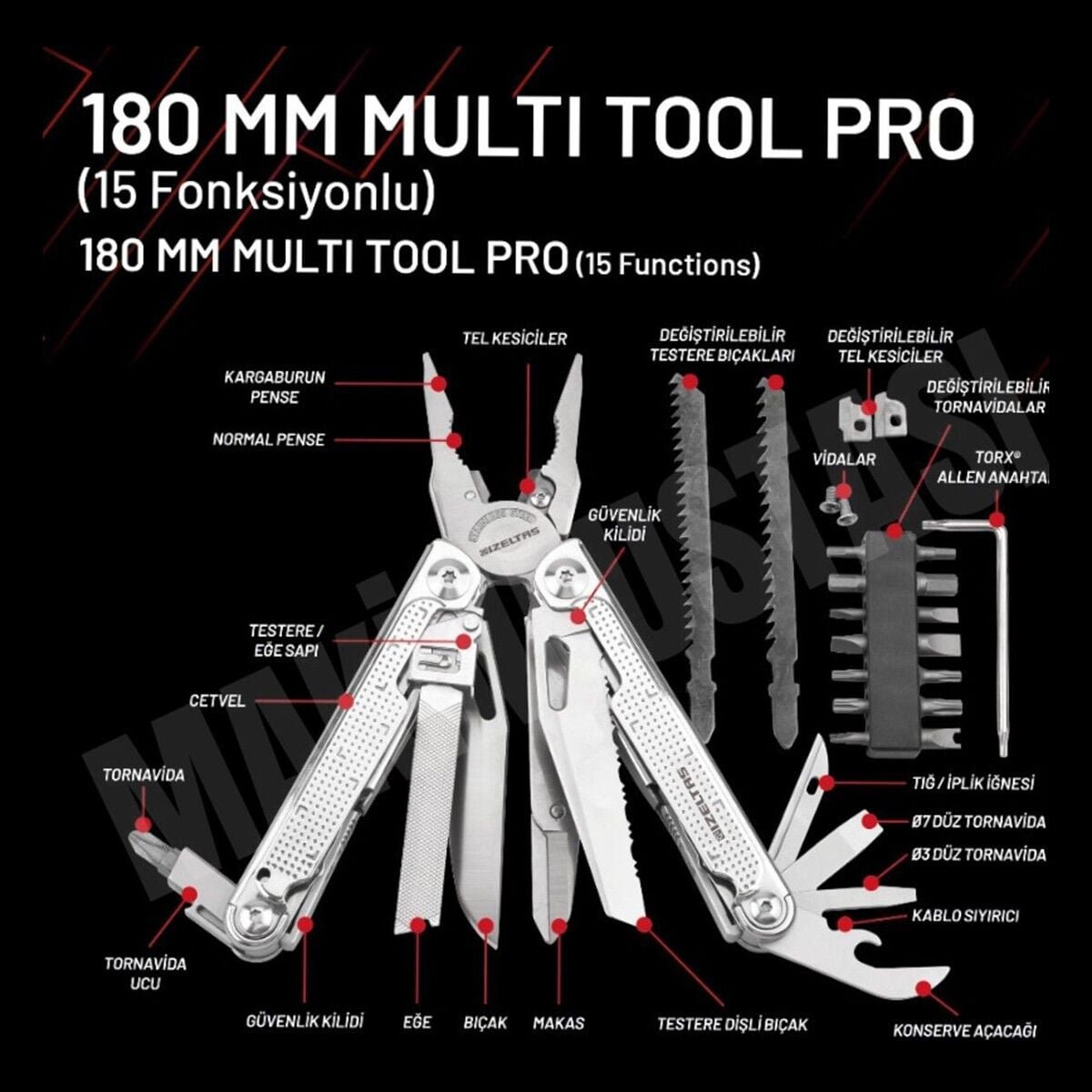 İzeltaş Multi Tool Pro 15 Fonksiyonlu 180 mm Çok Amaçlı Pense Çakı Seti