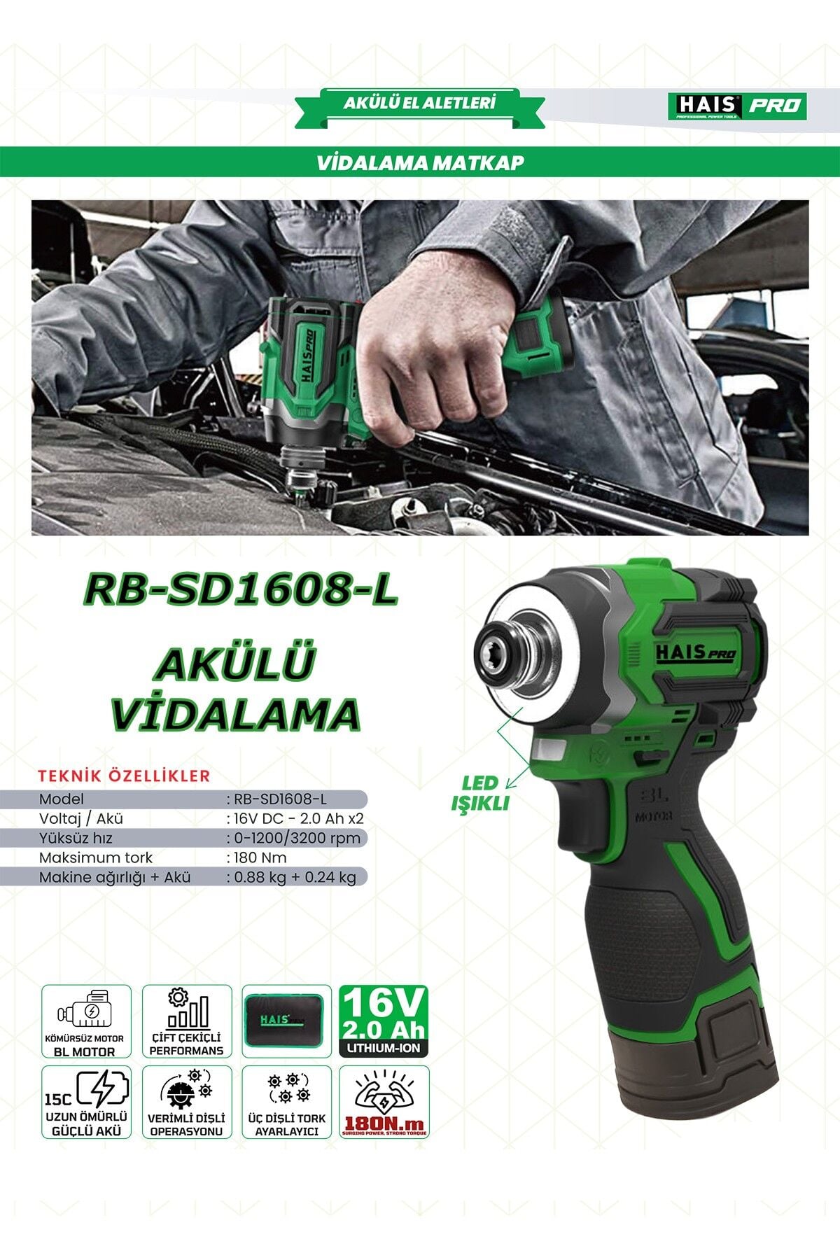 Haispro RB-SD1608-L Profesyonel Akülü Vidalama Matkap 16 V 2.0 Ah Çift Akü