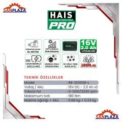 Haispro RB-SD1608-L Profesyonel Akülü Vidalama Matkap 16 V 2.0 Ah Çift Akü