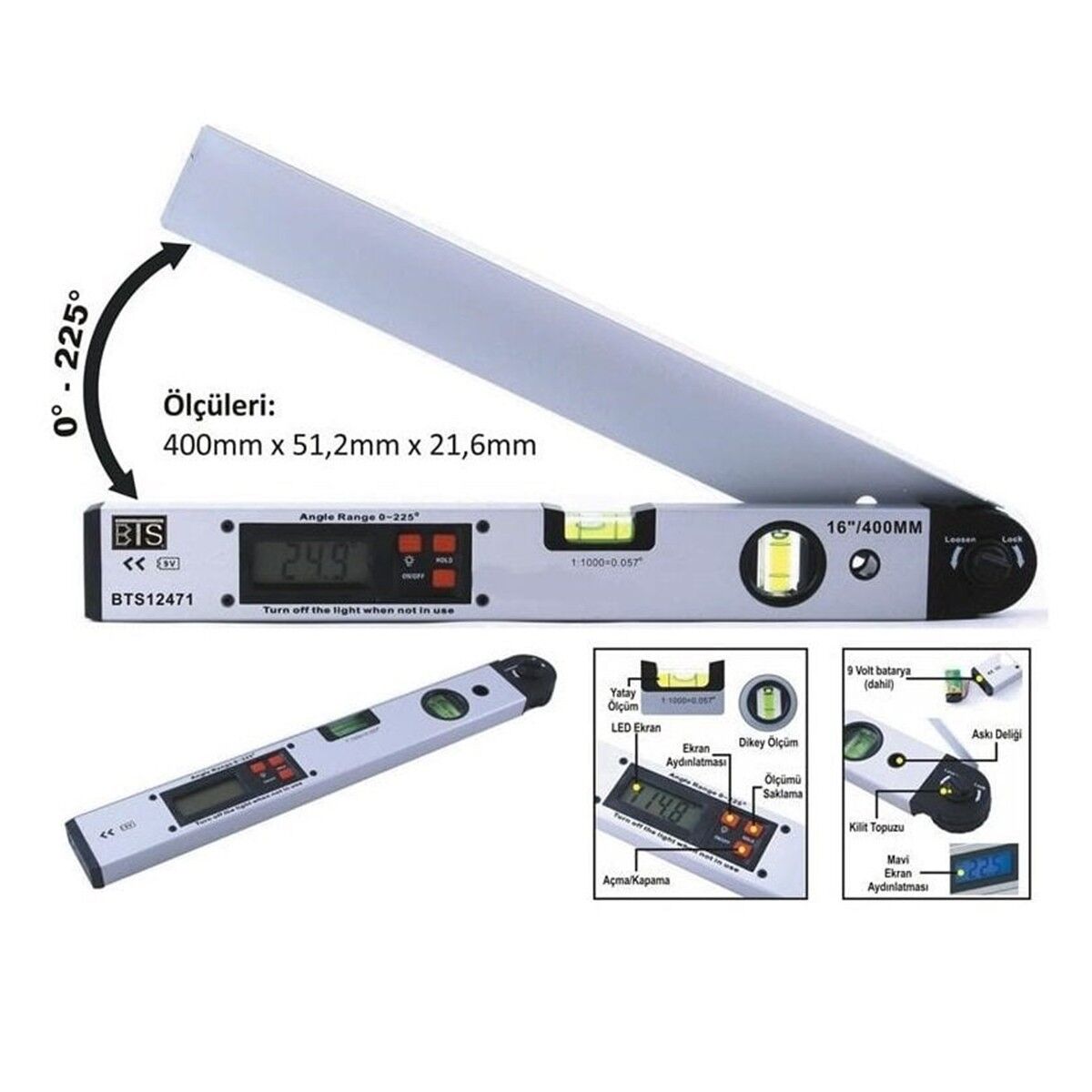 BTS 12471 Dijital Açı Ölçerli Su Terazisi 2 Sulu Marangoz Gönye 16''/40 Cm