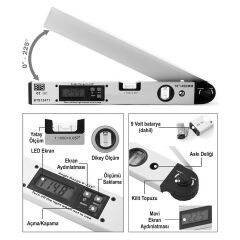BTS 12471 Dijital Açı Ölçerli Su Terazisi 2 Sulu Marangoz Gönye 16''/40 Cm