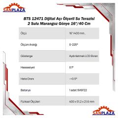 BTS 12471 Dijital Açı Ölçerli Su Terazisi 2 Sulu Marangoz Gönye 16''/40 Cm