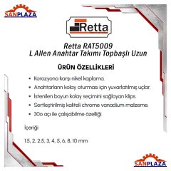 Retta RAT5009 Topbaşlı L Allen Uzun Anahtar Takımı 9 Parça