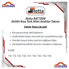 Retta RAT7009 Delikli Torx Allen Kısa Anahtar Takımı 9 Parça