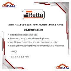 Retta RTA0600 T Saplı Allen Anahtar Takımı 6 Parça