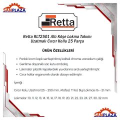 Retta RLT2501 1/2'' Altı Köşe Lokma Takımı Uzatmalı Cırcır Kollu 25 Parça