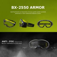 Baymax BX-2550 Armor Antifog Şeffaf Buğu Yapmayan Toz Çapak Koruyucu UV Korumalı Laboratuvar İşçi İş Güvenlik Gözlüğü