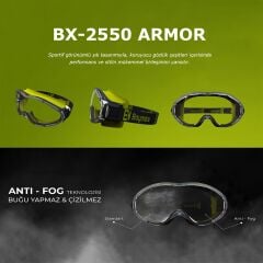 Baymax BX-2550 Armor Antifog Şeffaf Buğu Yapmayan Toz Çapak Koruyucu UV Korumalı Laboratuvar İşçi İş Güvenlik Gözlüğü