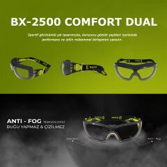 Baymax BX-2500 Comfort Dual Antifog Şeffaf Buğu Yapmayan Toz Çapak Koruyucu UV Korumalı Laboratuvar İşçi İş Güvenlik Gözlüğü