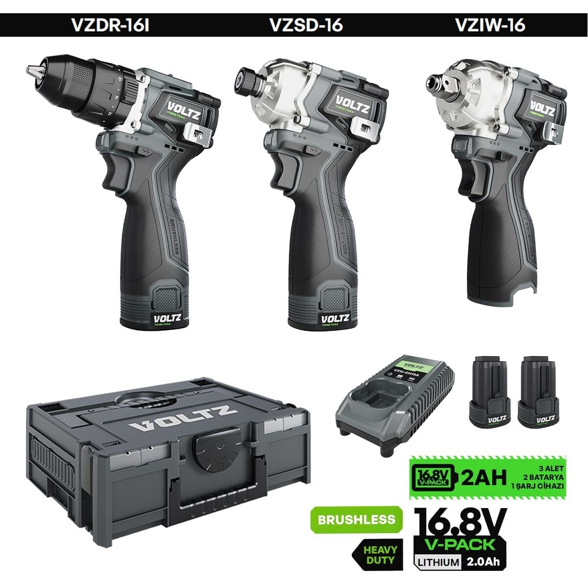 Sanplaza Voltz 3 Parça Set VZ16-3KIT Akülü Darbeli Matkap Vidalama Somun Sökme 16.8V 2.0 Ah