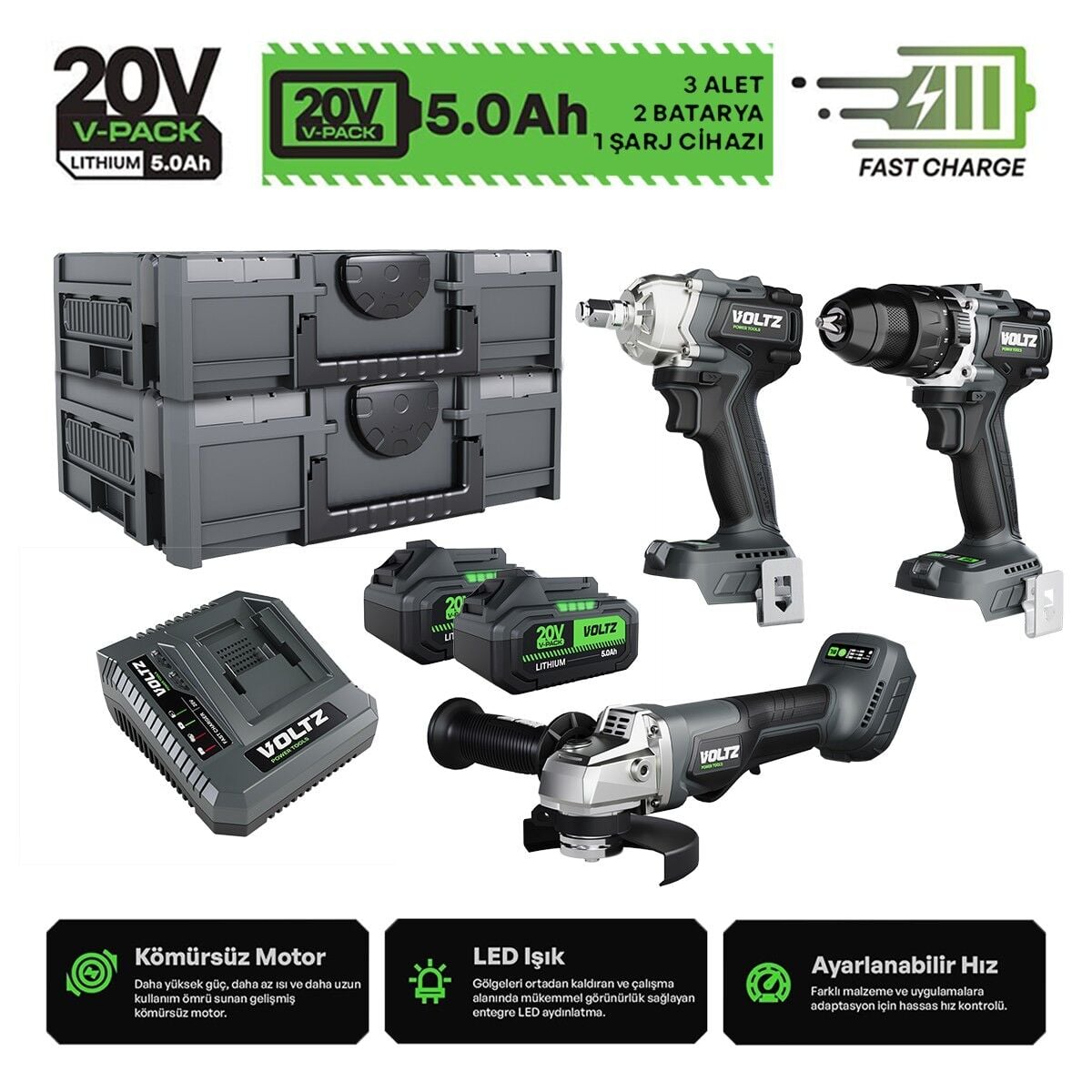 Sanplaza Voltz 3 Parça Set VZ20-3KIT-A Akülü Darbeli Matkap Taşlama Somun Sökme 20V 5.0 Ah