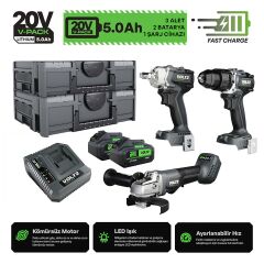 Sanplaza Voltz 3 Parça Set VZ20-3KIT-A Akülü Darbeli Matkap Taşlama Somun Sökme 20V 5.0 Ah