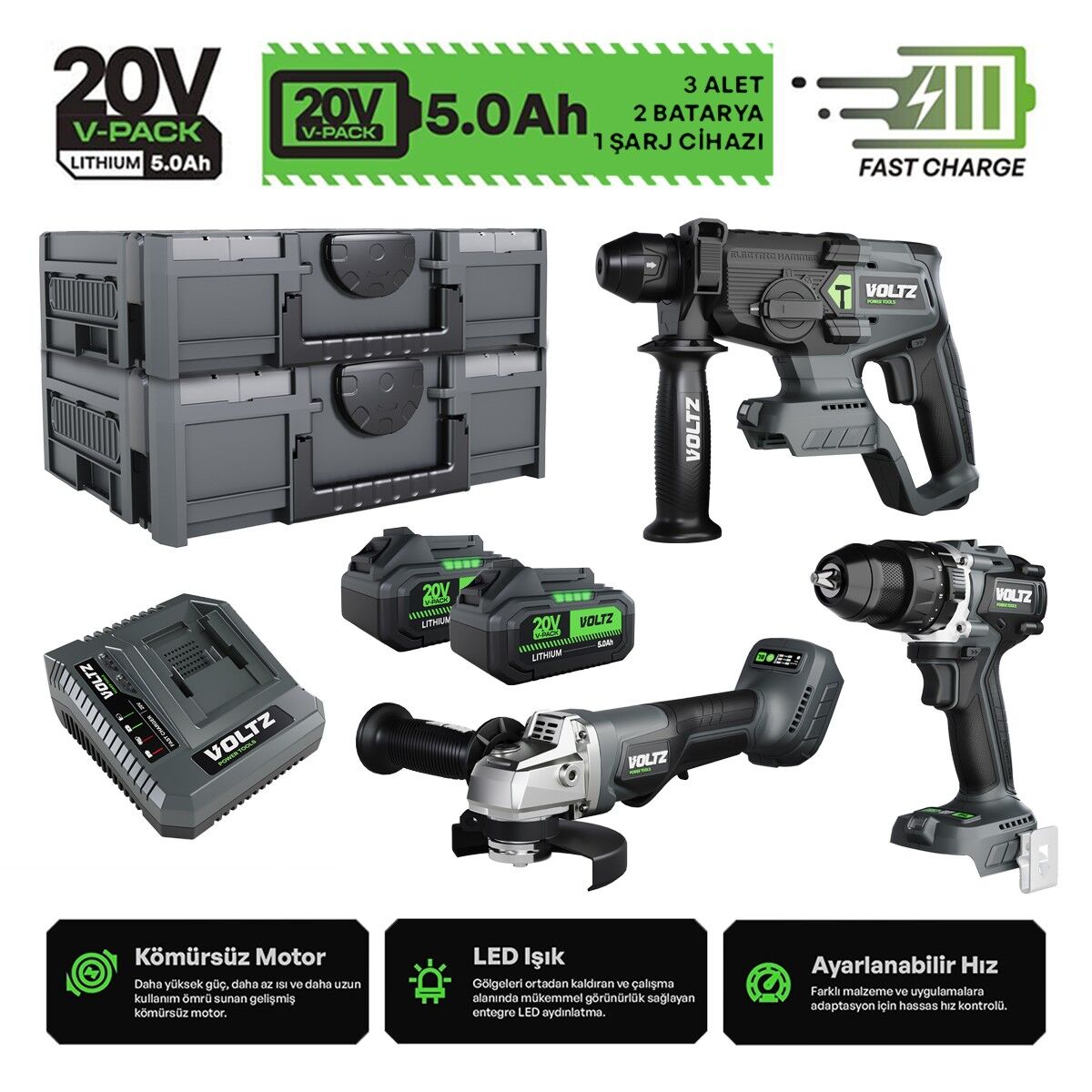 Sanplaza Voltz 3 Parça Set VZ20-3KIT-B Akülü Darbeli Matkap Kırıcı Delici Taşlama 20V 5.0 Ah