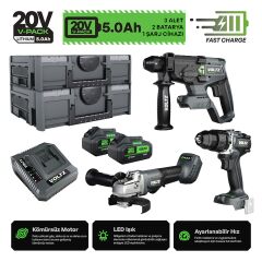 Sanplaza Voltz 3 Parça Set VZ20-3KIT-B Akülü Darbeli Matkap Kırıcı Delici Taşlama 20V 5.0 Ah