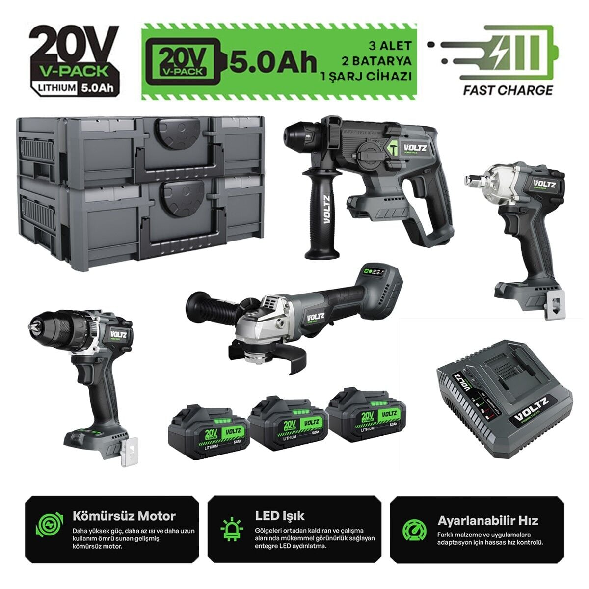 Sanplaza Voltz 4 Parça Set VZ20-4KIT Akülü Darbeli Matkap Taşlama Somun Sökme Kırıcı Delici 20V 5.0 Ah