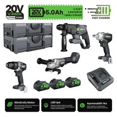 Sanplaza Voltz 4 Parça Set VZ20-4KIT Akülü Darbeli Matkap Taşlama Somun Sökme Kırıcı Delici 20V 5.0 Ah