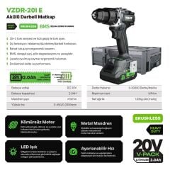 Sanplaza Voltz VZDR-20I E Akülü Darbeli Matkap Kademeli Hız Kömürsüz 20 V 2.0 AH