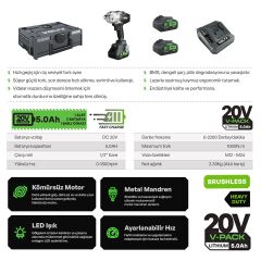 Sanplaza Voltz VZIW-20-10 Akülü Somun Sökme Kademeli Hız Kömürsüz 20 V 5.0 AH 1000 NM