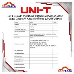Uni-t UT673A Dijital Akü Batarya Test Analiz Cihazı Voltaj Direnç Pil Kapasite Ölçme 12/24V 250 Ah