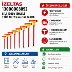 İzeltaş 8'li 1000V İzoleli T Tipi Allen Anahtar Takımı 13000008092