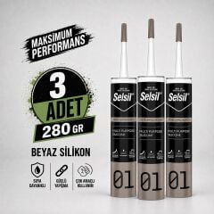 Selsil Genel Amaçlı Beyaz Silikon 280 gr Cam PVC Seramik Metal Banyo Mutfak Sızdırmazlık Dolgu Malzemesi 3 Adet