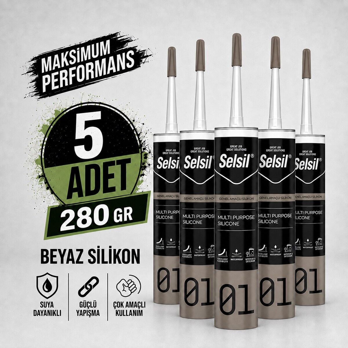 Selsil Genel Amaçlı Beyaz Silikon 280 gr Cam PVC Seramik Metal Banyo Mutfak Sızdırmazlık Dolgu Malzemesi 5 Adet