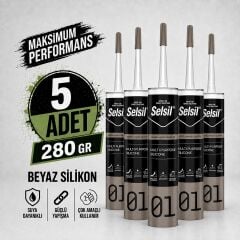 Selsil Genel Amaçlı Beyaz Silikon 280 gr Cam PVC Seramik Metal Banyo Mutfak Sızdırmazlık Dolgu Malzemesi 5 Adet
