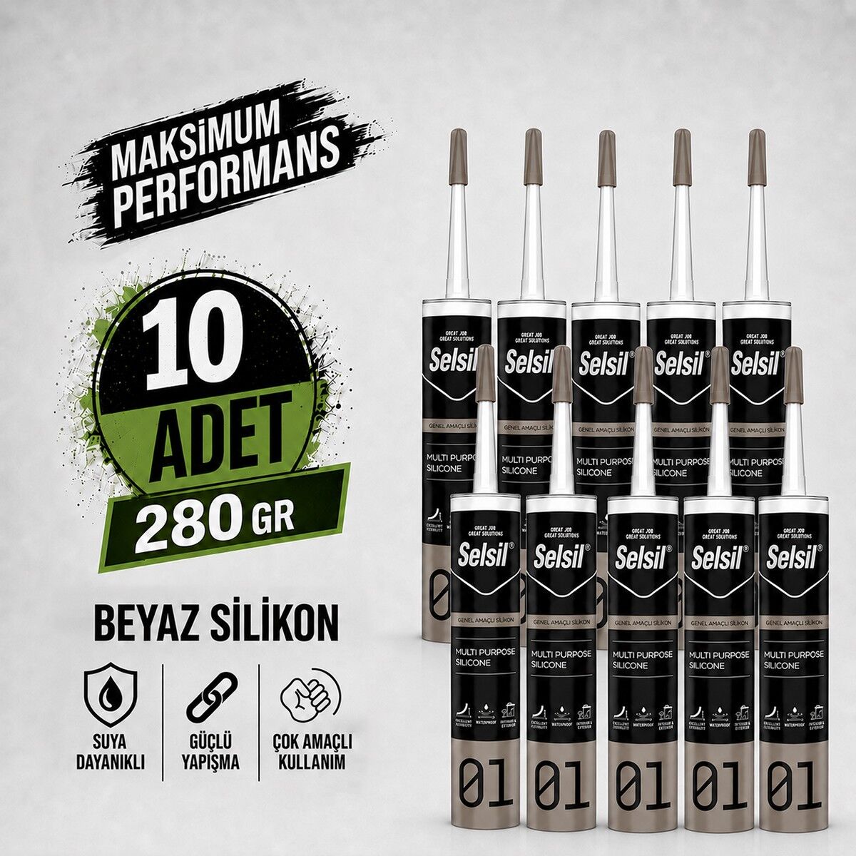 Selsil Genel Amaçlı Beyaz Silikon 280 gr Cam PVC Seramik Metal Banyo Mutfak Sızdırmazlık Dolgu Malzemesi 10 Adet