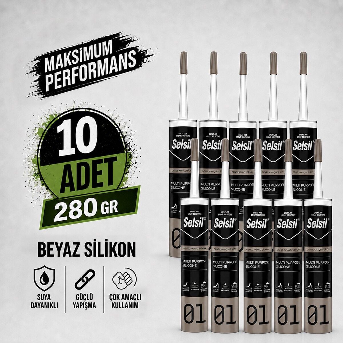 Selsil Genel Amaçlı Beyaz Silikon 280 gr Cam PVC Seramik Metal Banyo Mutfak Sızdırmazlık Dolgu Malzemesi 10 Adet