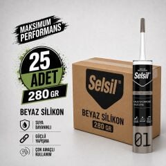 Selsil Genel Amaçlı Beyaz Silikon 280 gr Cam PVC Seramik Metal Banyo Mutfak Sızdırmazlık Dolgu Malzemesi 25 Adet