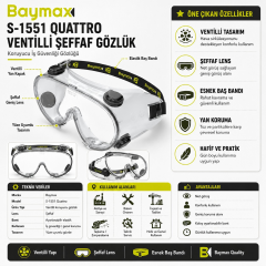 Baymax S-1551 Quattro Ventilli Şeffaf Koruyucu İş Gözlüğü Antifog