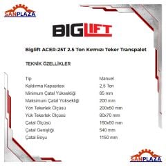 Biglift ACER-25T Kırmızı Teker Transpalet 2500 kg