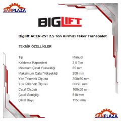 Biglift ACER-25T Kırmızı Teker Transpalet 2500 kg