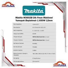 Makita M3602B Dik Freze Makinesi Yumuşak Başlatmalı 1.650W 12mm