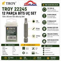 Troy 22245 T25x50 mm 12 Parça Torx Bits Uç Seti Vidalama Matkap Tornavida Ucu