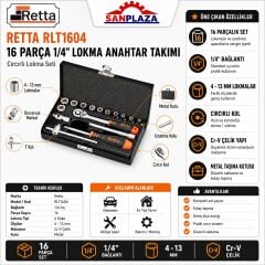 Retta RLT1604 16 Parça 1/4 İnç 6 Köşe Cırcırlı Lokma Anahtar Takımı Metal Kutulu