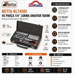 Retta RLT4501 45 Parça 1/4 İnç 6 Köşe Lokma Anahtar ve Bits Uç Takımı