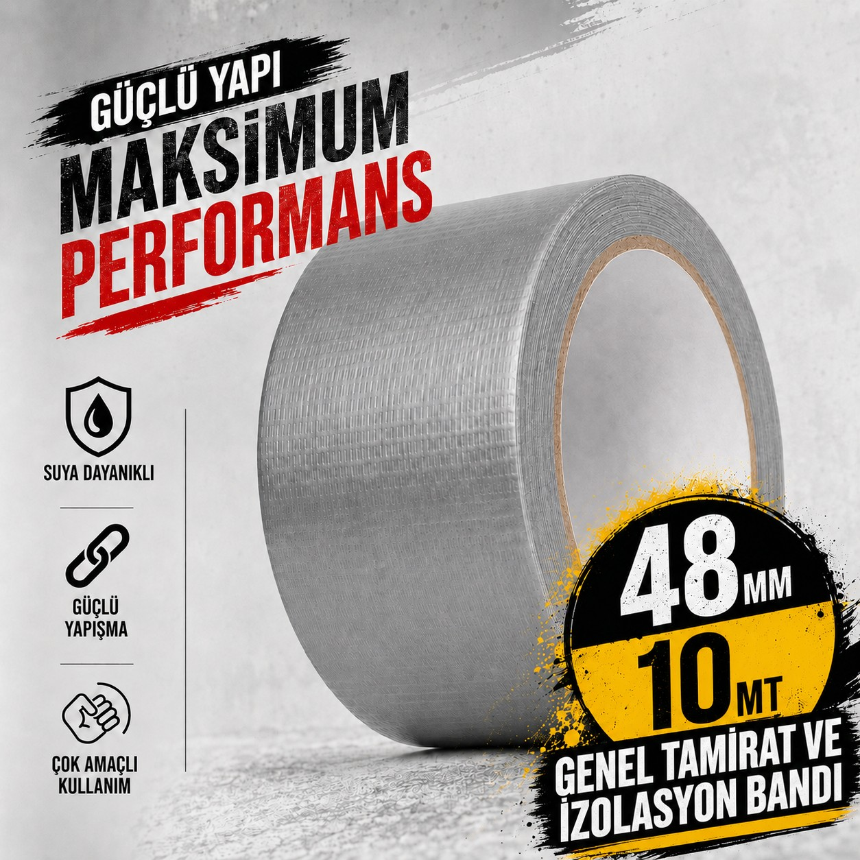 Sanplaza Gri Tamir ve İzolasyon Bandı 48mm 10mt Suya Dayanıklı Duct Tape Sırdırmazlık Bandı
