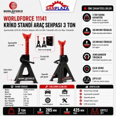 Worldforce 11141 3 Ton Kriko Standı Araç Sehpası Ayarlanabilir Çiftli Oto Destek Sehpası