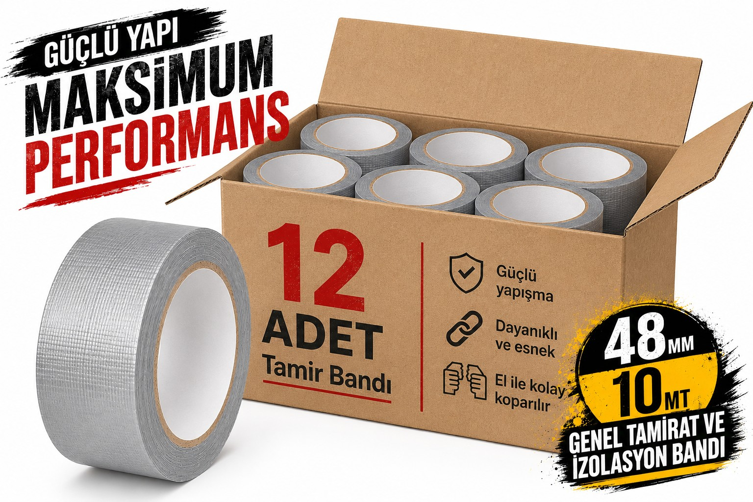 Sanplaza Gri Tamir ve İzolasyon Bandı 48mm 10mt Suya Dayanıklı Duct Tape Sırdırmazlık Bandı 12 Adet