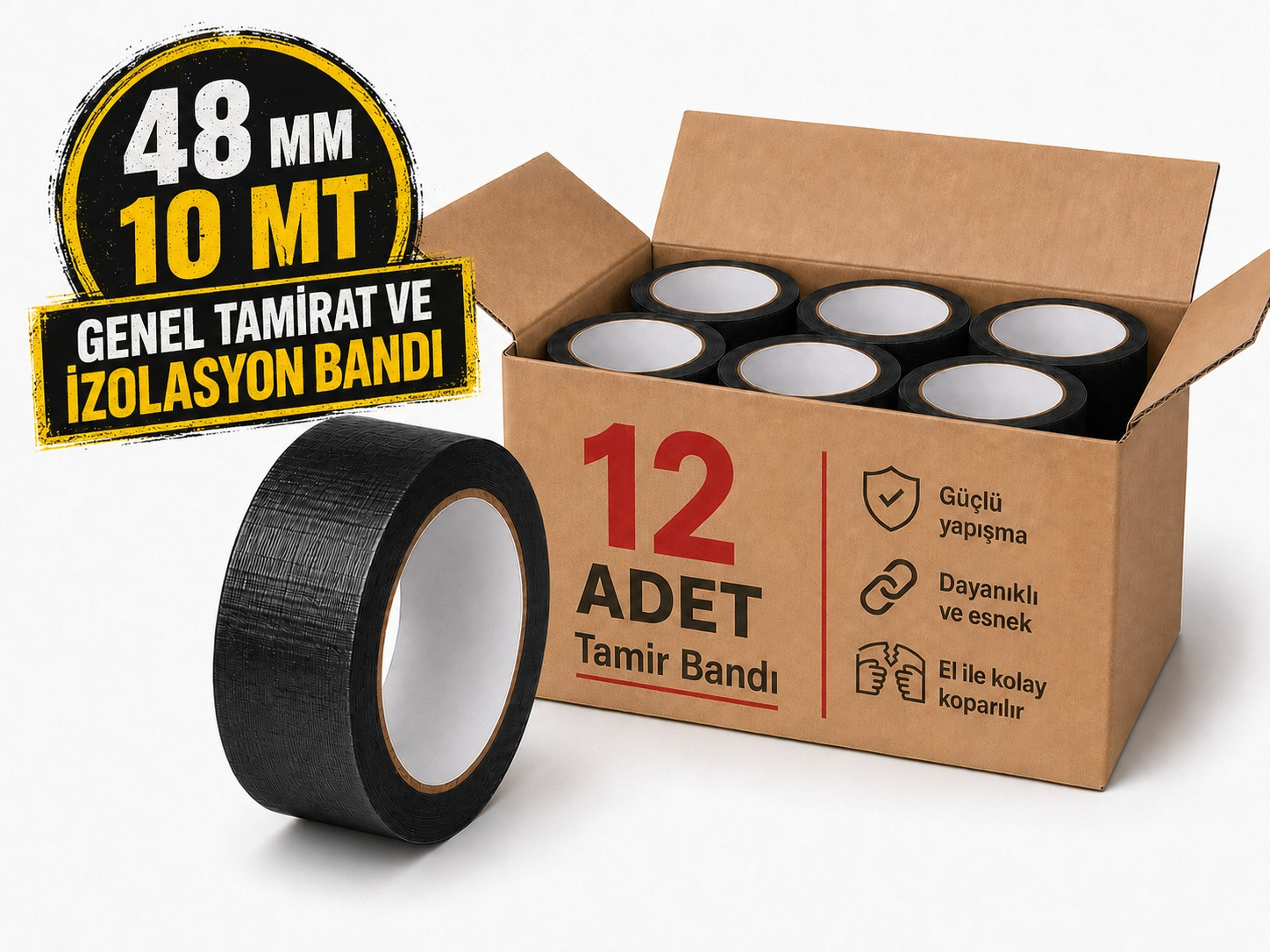 Sanplaza Siyah Tamir ve İzolasyon Bandı 48mm 10mt Suya Dayanıklı Duct Tape Sırdırmazlık Bandı 12Adet