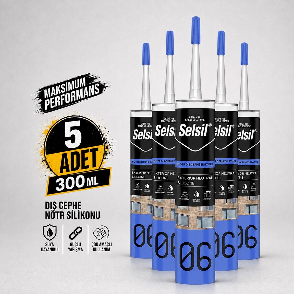 Selsil Şeffaf Nötr Dış Cephe Silikonu 300 ml UV Dayanımlı Cam Pvc Beton Derz Dolgu Mastiği 5 Adet